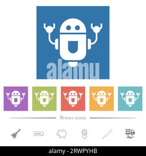 Rolling robot flat white icons in square backgrounds. 6 bonus icons included. Stock Vector