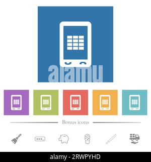 Mobile spreadsheet flat white icons in square backgrounds. 6 bonus icons included. Stock Vector