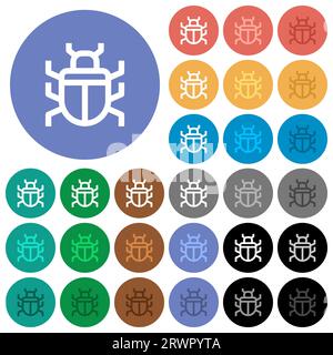 Computer bug outline multi colored flat icons on round backgrounds. Included white, light and dark icon variations for hover and active status effects Stock Vector