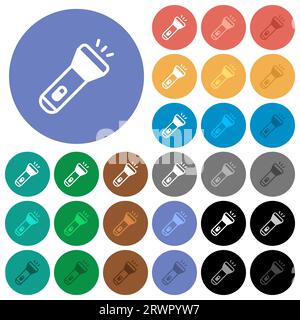 Flashlight multi colored flat icons on round backgrounds. Included white, light and dark icon variations for hover and active status effects, and bonu Stock Vector