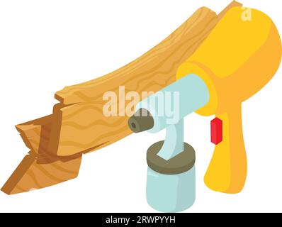 Painting equipment icon isometric vector. New yellow spray gun and wooden sign. Industrial painting, repair work Stock Vector