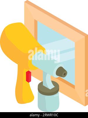 Painting equipment icon isometric vector. New yellow spray gun and square window. Industrial painting, repair work Stock Vector