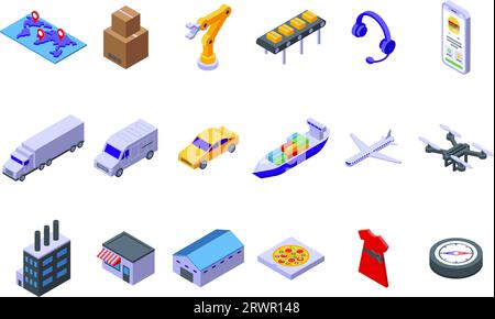 Supply Chain icons set isometric vector. Plan process. Retail export Stock Vector