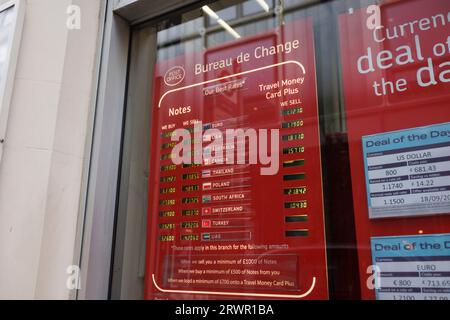 Bureau de Change display in the window of a post office in Central London. Stock Photo