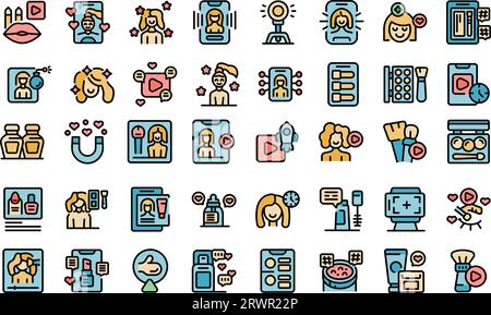 Beauty blogger icons set outline vector. Influence woman. Fashion girl thin line color flat on white isolated Stock Vector