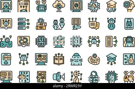 Artificial intelligence in education icons set outline vector. Robot digital. Teacher reality thin line color flat on white isolated Stock Vector