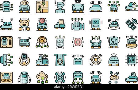 Artificial intelligence in transport icons set outline vector. Digital car. City road thin line color flat on white isolated Stock Vector