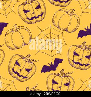 Halloween hand drawn seamless monochrome pattern in hand-drawn engraving style with pumpkins and spider web. Stock Vector