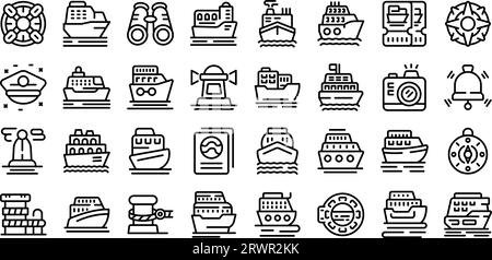 Travel by ship icons set outline vector. Sea boat. Ferry cruise Stock Vector