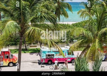 Miami Beach Florida,Ocean Terrace,Fourth 4th of July Independence Day event celebration activity,food trucks,Atlantic Ocean water palm trees Stock Photo