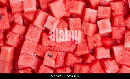 Top view of fresh red watermelon slices background. Healthy eating concept Stock Photo