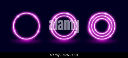 Neon pink circle frames set. Illuminated glowing round shapes collection. Neon color lighting design elements for banner, poster, collage. Vector shining signs illustration pack  Stock Vector