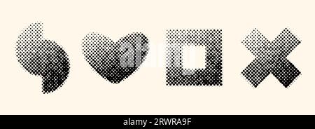 Halftone geometric shapes set. Dotted cross, heart, semicircles, square elements with gradient. Black textured objects for banner, poster, collage, flyer, booklet, brochure, cover. Vector collection Stock Vector