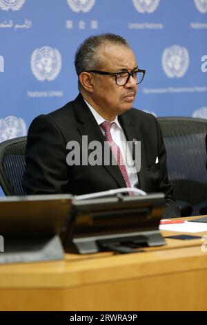 New York, New York, USA. 20th Sep, 2023. Dr. Tedros Adhanom Ghebreyesus, Director-General, World Health Organization listens at the World Health Organization (WHO) on Pandemic Prevention, Preparedness and Response press briefing. (Credit Image: © Mark J. Sullivan/ZUMA Press Wire) EDITORIAL USAGE ONLY! Not for Commercial USAGE! Stock Photo