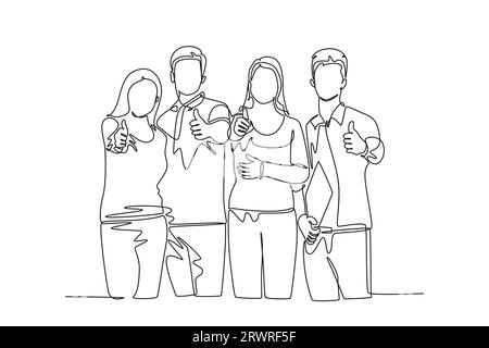 Single continuous line drawing group of happy college students giving thumbs up gesture after studying together at university library. Learn and study Stock Photo