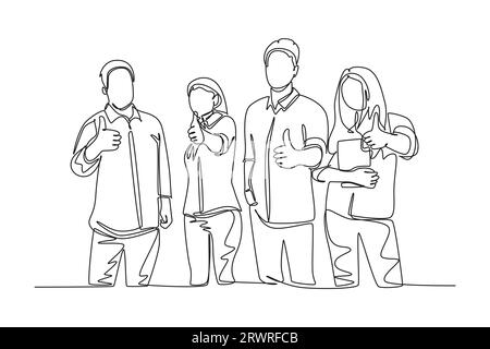 Single continuous line drawing group of happy college students giving thumbs up gesture after studying together at campus library. Learn and study in Stock Photo