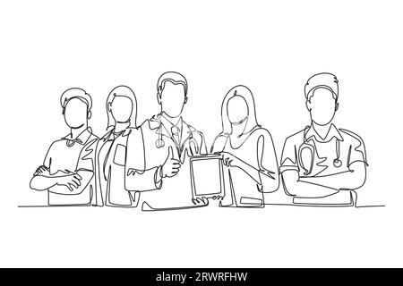 Single one line drawing group of young happy doctor giving thumbs up gesture for best healthcare service in hospital. Medical team work concept. Conti Stock Photo