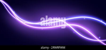 Neon glowing waves background. Purple pink wavy flowing curve shapes wallpaper. Electric light swirl lines with sparkles. Magic shiny violet trails backdrop. Vector abstract wavy path illustration Stock Vector