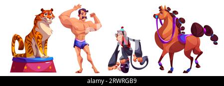 Circus strongman and trained animals set isolated on white background. Vector cartoon illustration of athlete showing muscles, tiger sitting on podium, monkey riding monocycle, horse walking on arena Stock Vector
