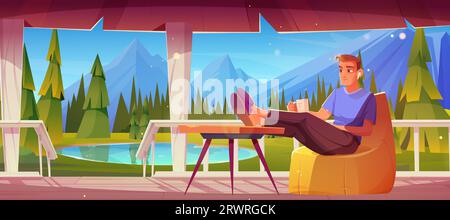 Man sits relaxing and drinking tea on terrace near mountain landscape. Cartoon vector illustration of male character on patio. Summer vacation in nature near lake, rocky hills and trees in forest. Stock Vector