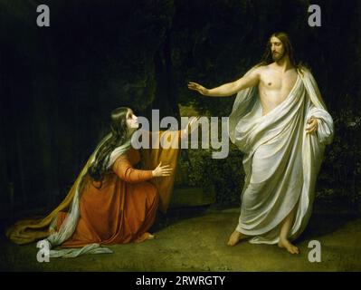 Russia: 'Appearance of Jesus Christ to Maria Magdalena'/'Noli Me Tangere (Touch Me Not)'. Oil on canvas painting by Alexander Andreyevich Ivanov (28 July 1806 - 16 July 1858), c. 1835.  Mary Magdalene was one of Jesus' most celebrated disciples, and the most important woman disciple in the movement of Jesus. Jesus cleansed her of 'seven demons', [Luke 8:2] [Mark 16:9] conventionally interpreted as referring to complex illnesses. She became most prominent during his last days, being present at the cross after the male disciples (excepting John the Beloved) had fled, and at his burial. Stock Photo