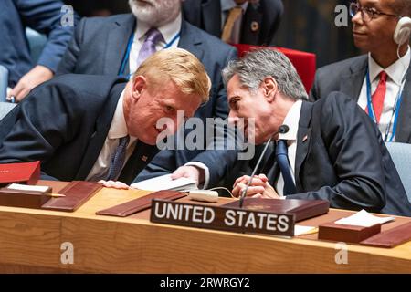 New York, USA. 20th Sep, 2023. US Secretary of State Antony Blinken and UK MP, Deputy Prime Minister Oliver Dowden speak with each other during the SC meeting on maintenance of international peace and security at UN Headquarters in New York on September 20, 2023. Theme of the meeting is Upholding the purposes and principles of the UN Charter through effective multilateralism: maintenance of peace and security of Ukraine was set on the basis that Russia invaded sovereign country - Ukraine and violated UN Charter. (Photo by Lev Radin/Sipa USA) Credit: Sipa USA/Alamy Live News Stock Photo