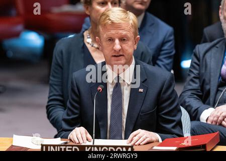 UK Oliver Dowden MP, Deputy Prime Minister speaks during SC meeting on maintenance of international peace and security at UN Headquarters in New York on September 20, 2023 Stock Photo