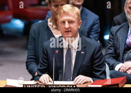 UK Oliver Dowden MP, Deputy Prime Minister speaks during SC meeting on maintenance of international peace and security at UN Headquarters in New York on September 20, 2023 Stock Photo