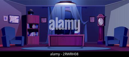 Chief office interior in evening - dark boss room with computer on desk, chair and documents in cabinet with shelves, armchairs and clock. Ceo or director work space at night with light from lamp. Stock Vector