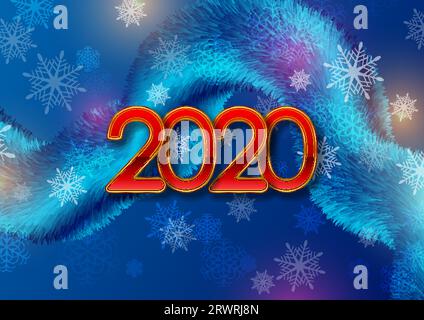 Deep blue fluffy wave and red golden 2020 New Year abstract background. Winter Christmas graphic design. Vector illustration Stock Vector