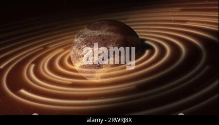 Abstract yellow brown space planet with a round asteroid belt ring  futuristic hi-tech on the background of stars in open space. Stock Photo