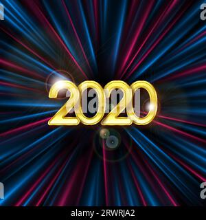 Abstract background with blue purple rays and retro golden 2020 New Year lettering. Greeting card vector design Stock Vector