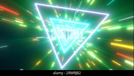 Abstract green energy futuristic hi-tech tunnel of flying triangles and lines neon magic glowing background. Stock Photo