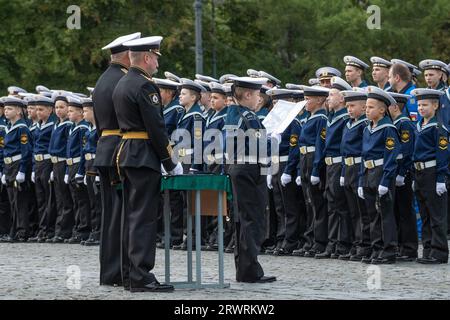 KRONSTADT, RUSSIA - SEPTEMBER 16, 2023: Fragment of the initiation ceremony into cadets of the Kronstadt Naval Military Cadet Corps Stock Photo