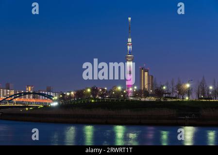 Tokyo Skytree light-up and Sumida River Stock Photo