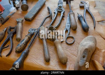 Shoemaker, various tools on work table, Rhineland-Palatinate, Germany, Europe Stock Photo