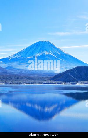 Mt. Fuji in fresh snow reflected on Lake Motosu Stock Photo