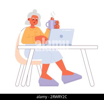 Retired elderly woman typing laptop cartoon flat illustration Stock Vector