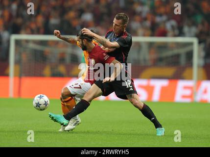 Istanbul. 21st Sep, 2023. Sergio Oliveira (L) of Galatasaray vies with Lukas Lerager of Copenhagen during the UEFA Champions League Group A match between Galatasaray and Copenhagen in Istanbul, T¨¹rkiye, on Sept. 20, 2023. Credit: Xinhua/Alamy Live News Stock Photo