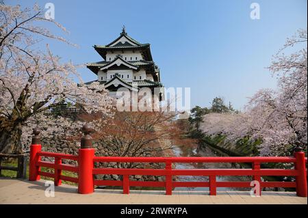 Cherry blossoms at Hirosaki Castle and Shimonori Bridge Stock Photo