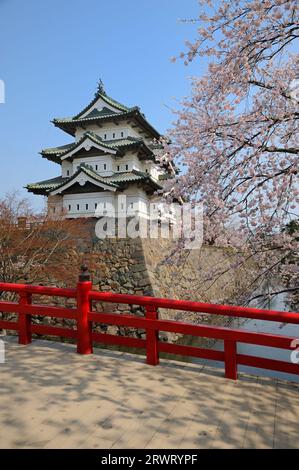 Cherry blossoms at Hirosaki Castle and Shimonori Bridge Stock Photo