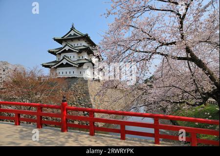 Cherry blossoms at Hirosaki Castle and Shimonori Bridge Stock Photo