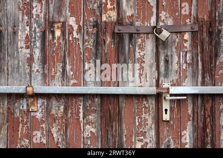 Wooden gate, on which the paint has already peeled off somewhat, secured with hinges and two locks- format-filling Stock Photo