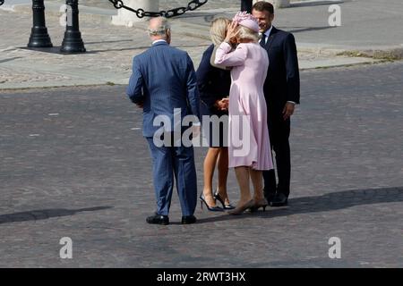 Paris, France. 20th Sep, 2023. French President Emmanuel Macron and his wife Brigitte Macron receive to King Charles III and Queen Camilla during the King Charles III of the United Kingdoms Welcome Ceremony to France at the Arch of Triumph. on September 20, 2023 in Paris, France (Credit Image: © Henri Szwarc/eyepix via ZUMA Press Wire) EDITORIAL USAGE ONLY! Not for Commercial USAGE! Stock Photo