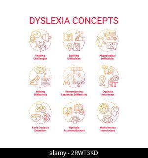 Gradient red line icon set for dyslexia Stock Vector