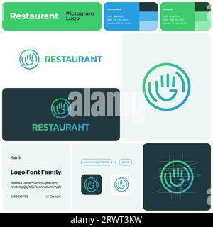 2D restaurant template with welcoming hands and plate logo Stock Vector