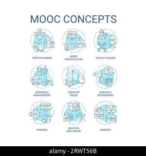 Editable blue thin line icon set representing MOOC Stock Vector