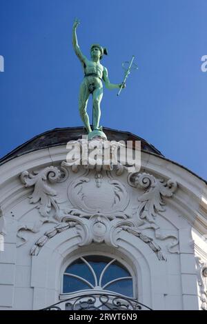 A Hermes figure on a Bonn townhouse A Hermes figure on a Bonn townhouse, Bonn, North Rhine-Westphalia, Germany Stock Photo