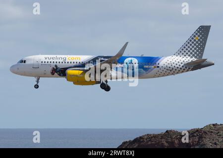 Gando, aeropuerto de Gran Canaria. Avión de línea Airbus A320 de la aerolínea Vueling aterrizando Stock Photo