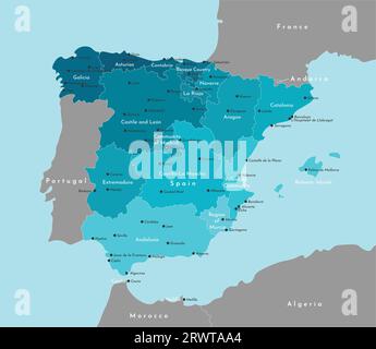 Vector modern illustration. Simplified administrative map of Spain and border with neighboring countries. Blue background of seas. Names of spanish ci Stock Vector